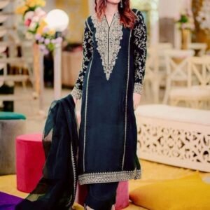 Trendy Georgette Sequin Embroidery Work Blue Kurti Palazzo Set