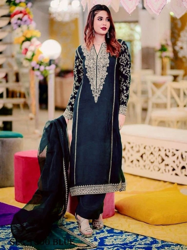 trendy georgette sequin embroi 1725015213 Trendy Georgette Sequin Embroidery Work Blue Kurti Palazzo Set