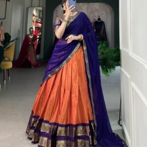 Trendy Kanchipuram Silk Orange Lehenga Choli With Blue Dupatta