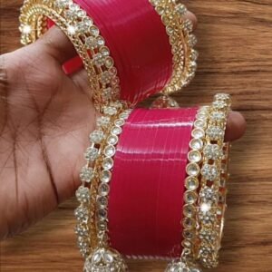 Trendy Pink Chooda With Golden Jhumki Set
