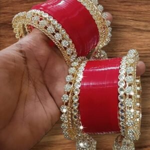 Trendy Red Color Chooda With Golden Jhumki Set