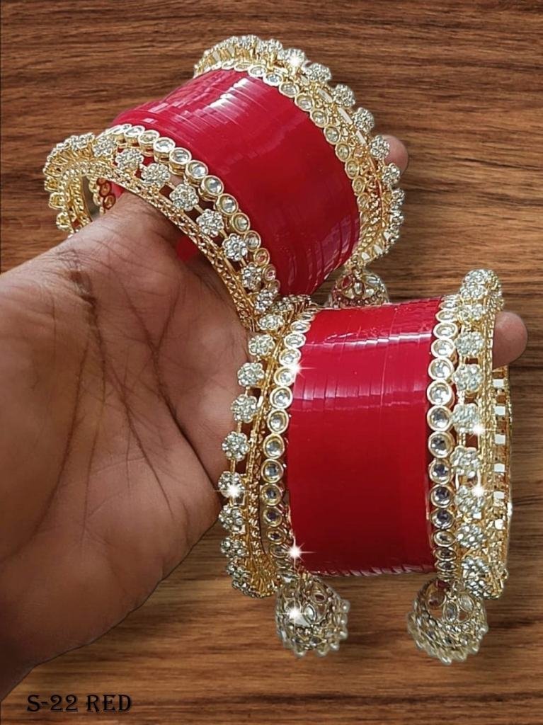 trendy red color chooda with g 1720694007 Trendy Red Color Chooda With Golden Jhumki Set