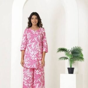 Trendy Western Pink And White Cotton Printed Co ord Set