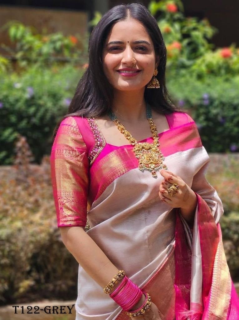 trendy women wear grey soft li 1719040980 Trendy Women Wear Pink Soft Lichi Silk Saree