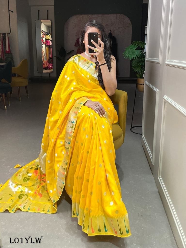 trendy zari weaving work pure 1719406115 Trendy Zari weaving work pure viscose Yellow Paithani saree