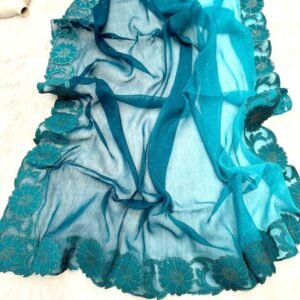 Turquoice Tale Prime Concept Diamond Work Silk Saree With Cut Work
