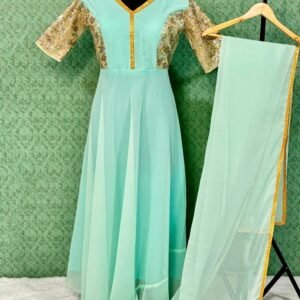 Turquoise Coding Work Georgette Gown With Dupatta