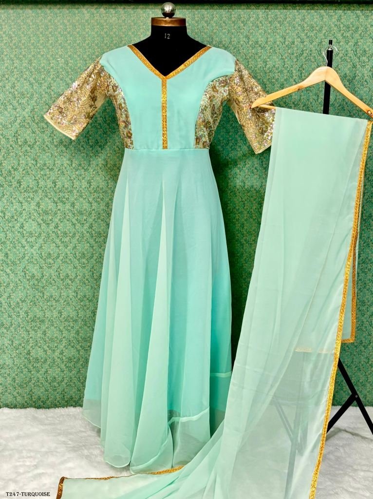turquoise coding work georgett 1721368905 Turquoise Coding Work Georgette Gown With Dupatta