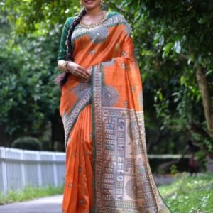 Tussar Silk Orange Saree With Warli Print Design