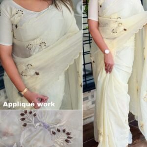 Ugadi Special Crystal Silk White Embroidery Party Wear Saree