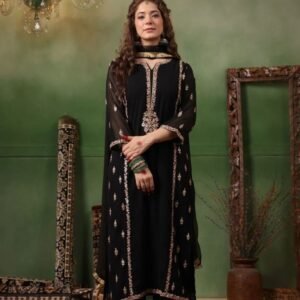 Uniqe Black Embroidery Work Three Piece Kurtis Set