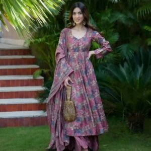 Uniqe Neck With Floral Printed Pure Muslin Kurti Dupatta Set