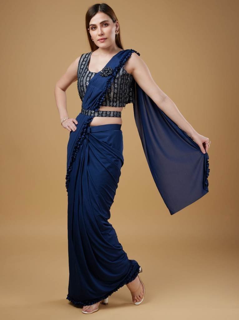 unique blue ready to wear sare 1712918841 Unique Blue Ready to Wear Saree with Frill Border