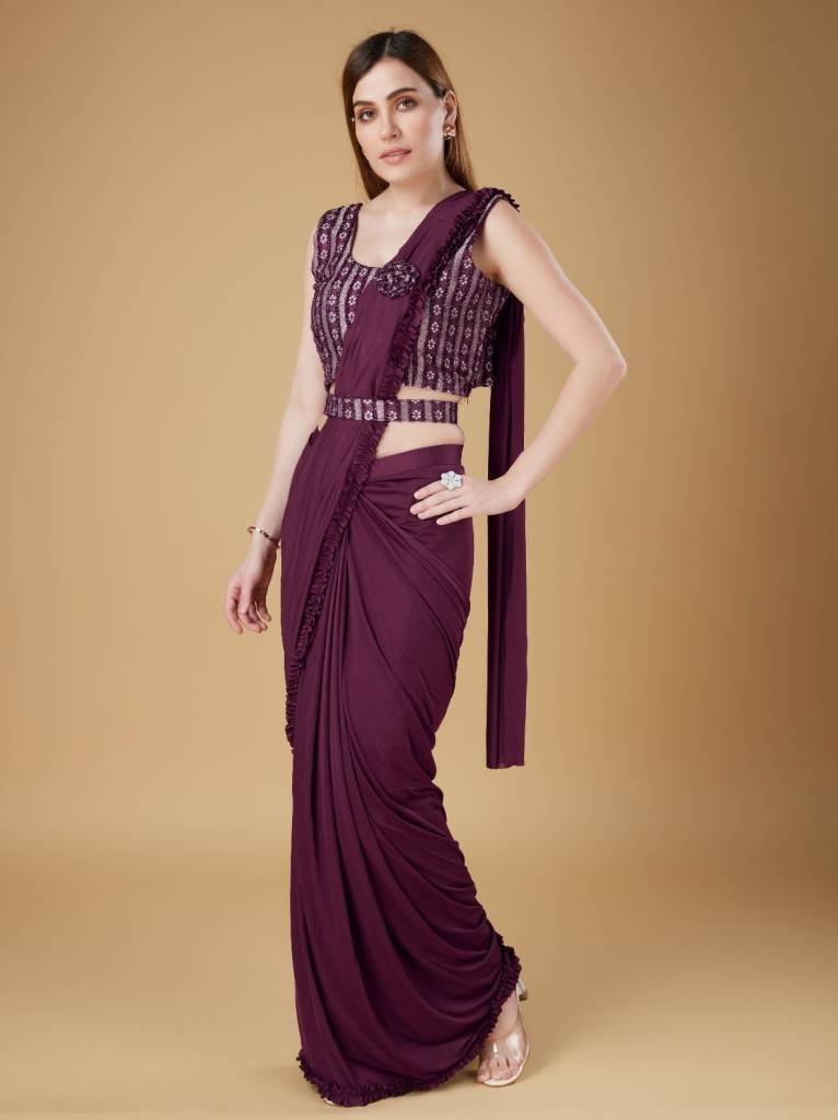 unique wine ready to wear sare 1712918784 Unique Wine Ready to Wear Saree with Frill Border