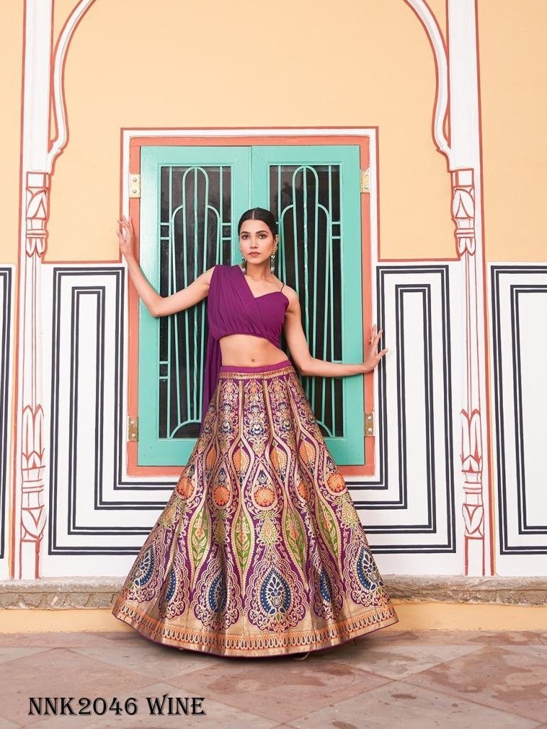 urvika banarasi silk wine lehe 1716985837 Urvika Banarasi Silk Wine Lehenga Choli