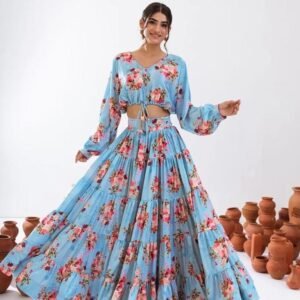 Vallari Vol 1 Sky Blue Digital Printed Crop Top Lehenga Choli