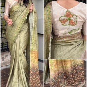Varshitha Digital ajrakh print saree with handmade khatha work