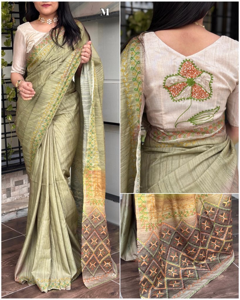 varshitha digital ajrakh print 1712903692 Varshitha Digital ajrakh print saree with handmade khatha work