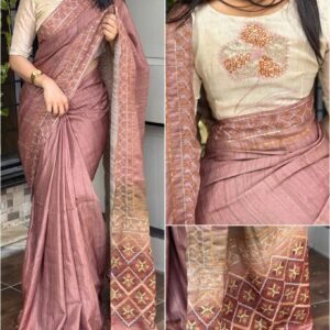 Varshitha Pink handmade khatha work ajrakh print saree