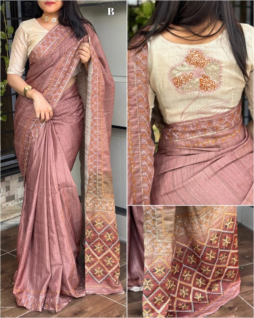 varshitha pink handmade khatha 1712904096 Varshitha Pink handmade khatha work ajrakh print saree