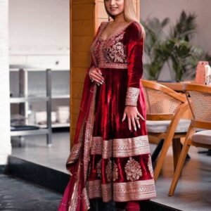 Velvet Red Palazo Suit Set With Sequence Embroidery Work