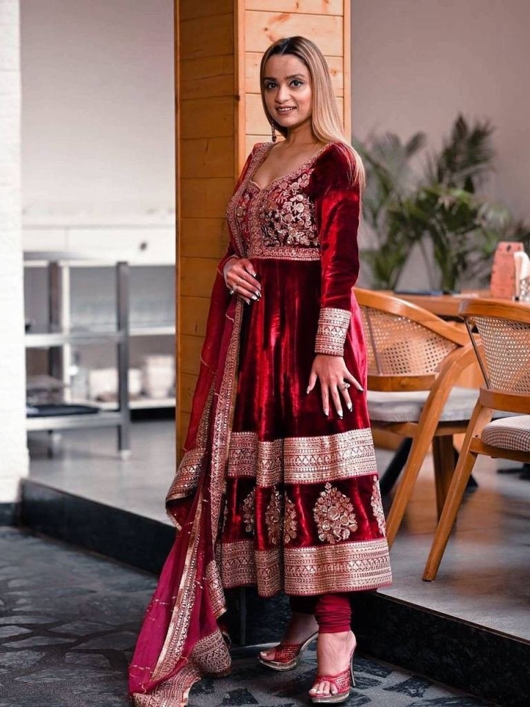 velvet red palazo suit set wit 1727777280 Velvet Red Palazo Suit Set With Sequence Embroidery Work