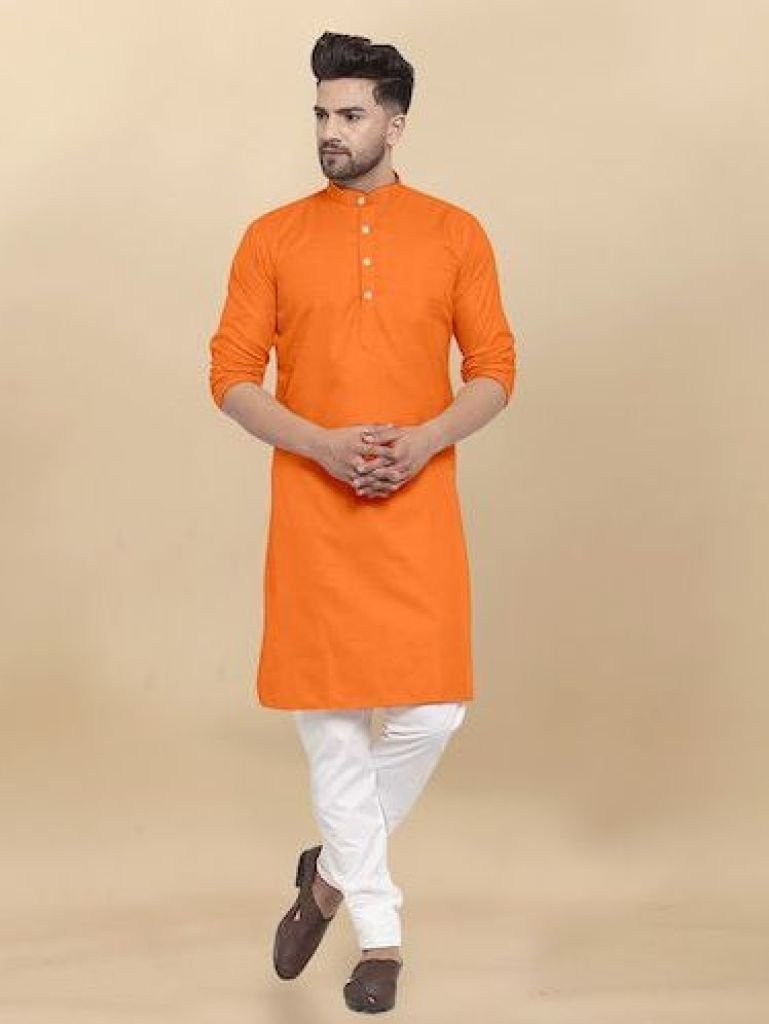 venmer brand orange heavy cott 1731663045 Venmer Brand Orange Heavy Cotton Plain Men Kurta Set