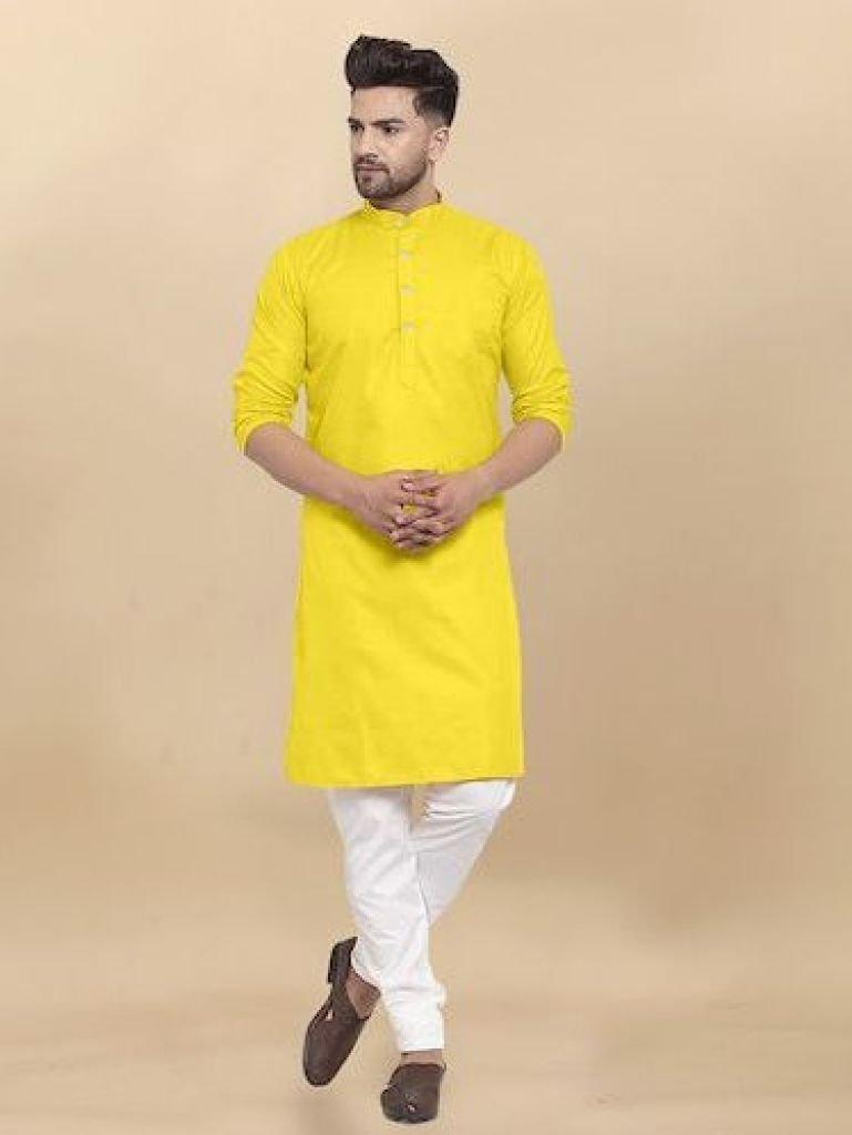 venmer brand yellow heavy cott 1731662980 Venmer Brand Yellow Heavy Cotton Plain Men Kurta Set
