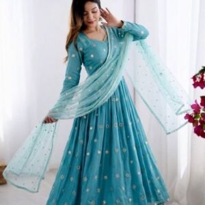 Vichitra Silk Embroidery Anarkali Kurti Pant Set