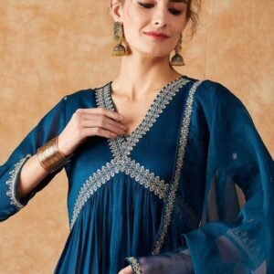 Vichitra Silk Embroidery Sequence Work Kurti Pant With Dupatta Set