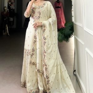 Vichitra Silk Embroidery Work White Top Palazzo With Dupatta