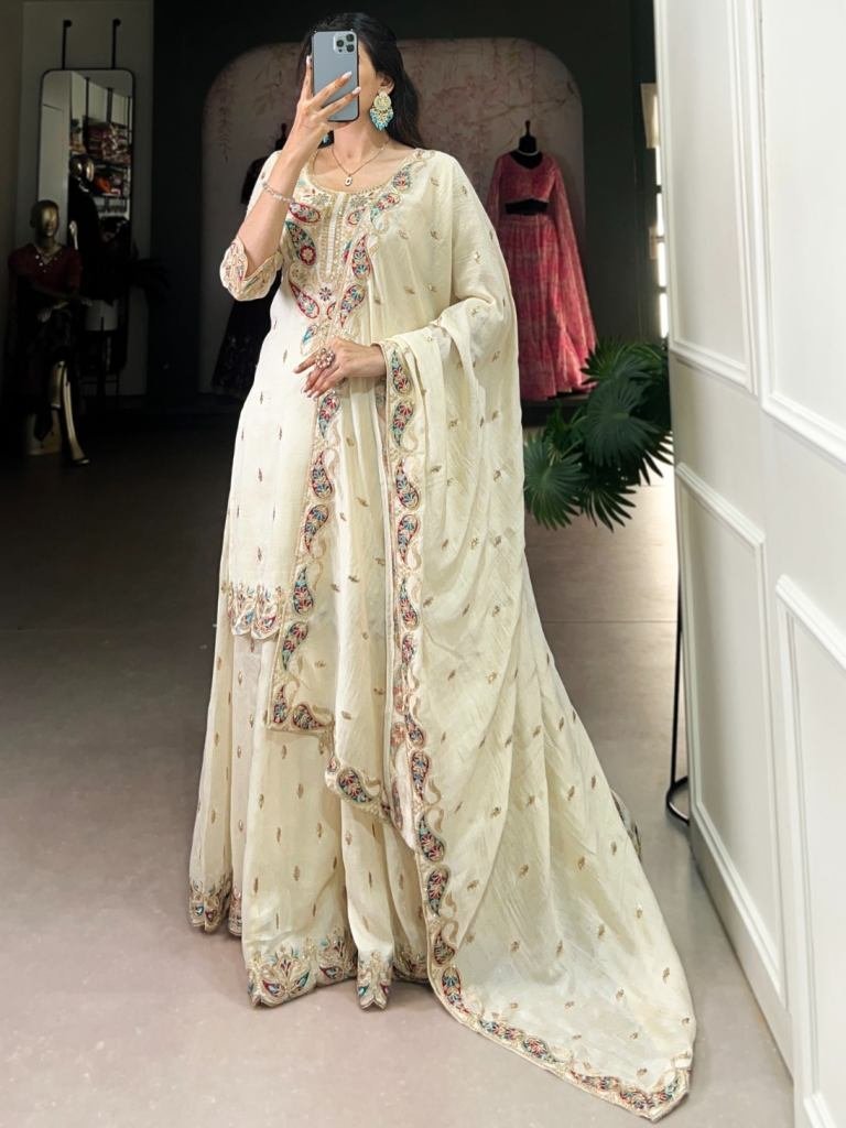vichitra silk embroidery work 1737796493 Vichitra Silk Embroidery Work White Top Palazzo With Dupatta
