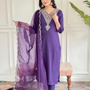 Violate Rayon Slub Neck Work Straight Kurti Pant Dupatta Set For Ladies