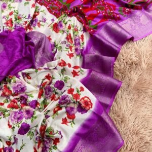 Violet Floral Printed Semi Dola Silk Saree