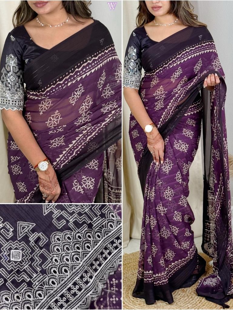 violet jacquard zari silk geor 1747128376 Violet Jacquard Zari Silk Georgette Saree