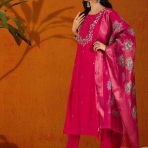 Viscose Chanderi Hand Embroidery Fully Stitched Kurti Pant Dupatta Set