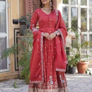 Viscose Embroidery Zari Sequence Work Gown With Dupatta Set