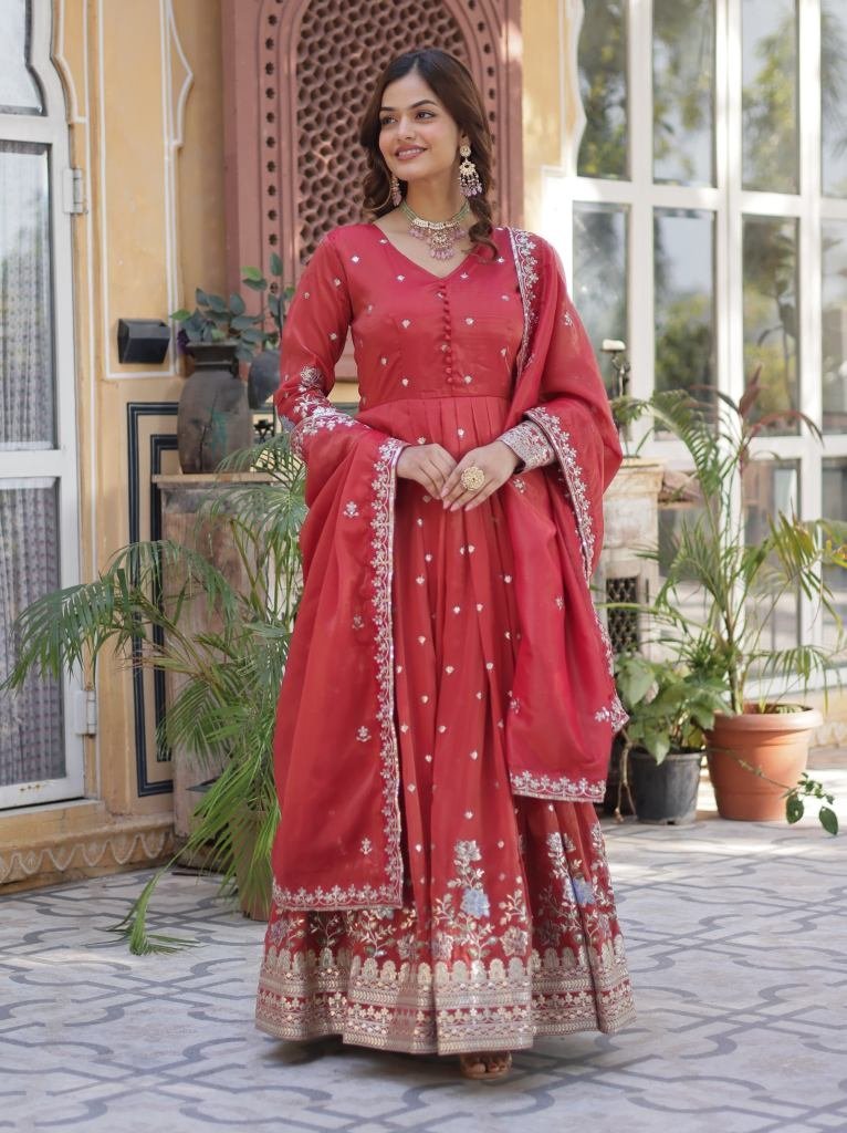 viscose embroidery zari sequen 1749466034 Viscose Embroidery Zari Sequence Work Gown With Dupatta Set