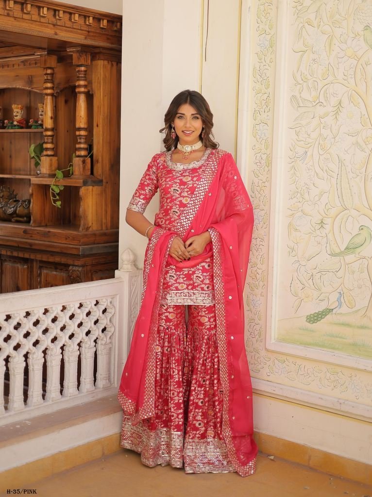 viscose jacquerd sequins rani 1723204579 Party Wear Pakistani Rani Pink Gharara Suit