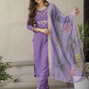Viscose Purple Embroidered Straight Kurta Pant Set With Dupatta
