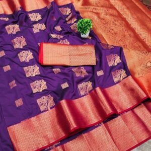 Wedding Banarasi Purple Soft Silk Sarees With Gold Zari