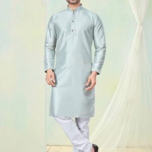 Wedding Collection Vol 21 Silver Plain Silk Men Kurta Set