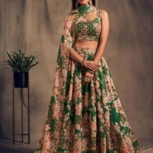 Wedding Green Color Organza Lehenga Choli With Dupatta