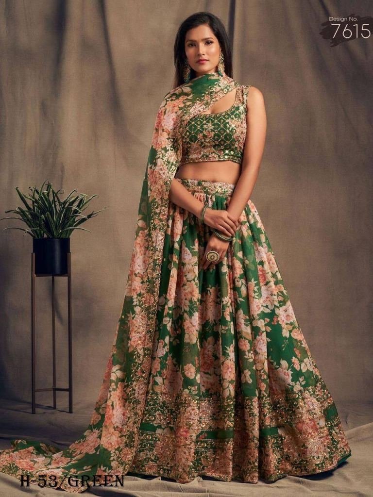 wedding green color organza le 1724158421 Wedding Green Color Organza Lehenga Choli With Dupatta