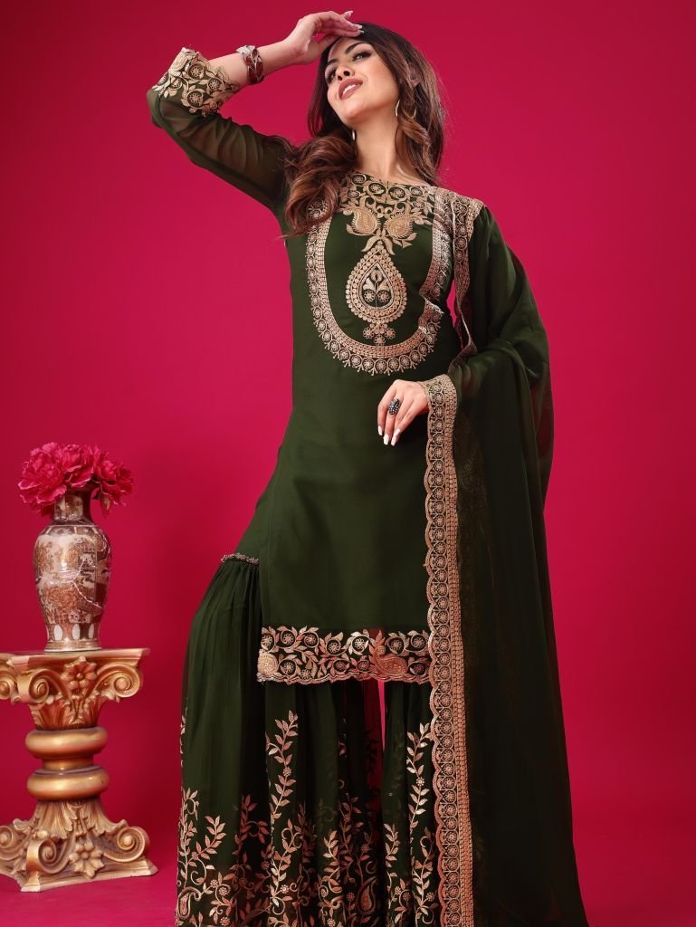 wedding green embroidery work 1742358179 Wedding Green Embroidery Work Georgette Readymade Suits