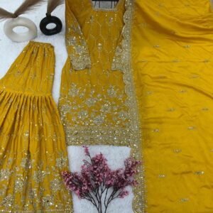 Yellow Wedding Heavy Chinnon Silk Sharara Suits
