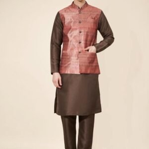 Wedding Party Wear Coffee Plain Pure Silk Kurta With Brown Jacquard Koti Set