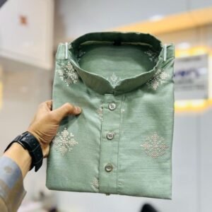 Wedding Pista Sequence Work Soft Silk Kurta Set For Men