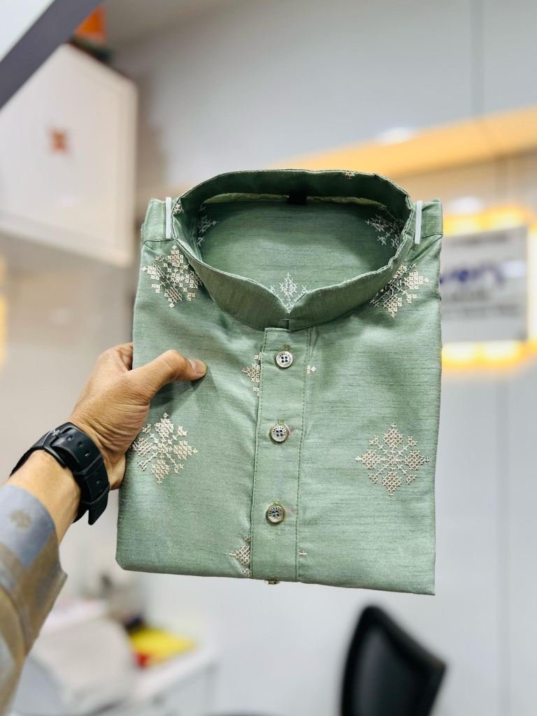wedding pista sequence work so 1743823833 Wedding Pista Sequence Work Soft Silk Kurta Set For Men
