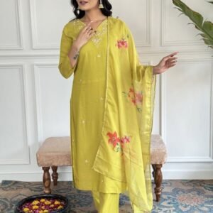 Wedding Season Lemon Yellow Rayon Slub Embroidered Kurti Pant Dupatta Set